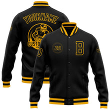 Laden Sie das Bild in den Galerie-Viewer, Uksn Individuelles Bomberjacke in Schwarz-Schwarz-Gold mit Druckknopfleiste und Varsity-Letterman-Stil
