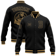 Laden Sie das Bild in den Galerie-Viewer, Uksn Individuelles Bomberjacke in Schwarz-Schwarz-Altgold mit Druckknopfleiste und Varsity-Letterman-Stil
