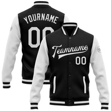 Laden Sie das Bild in den Galerie-Viewer, Uksn Individuelles Bomberjacke in Schwarz-Weiß mit Druckknopfleiste, Zweifarben-Design und Varsity-Letterman-Stil
