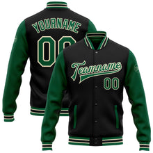 Laden Sie das Bild in den Galerie-Viewer, Uksn Individuelles Bomberjacke in Schwarz-Kelly-Grün-Creme mit Druckknopfleiste, Zweifarben-Design und Varsity-Letterman-Stil
