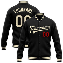 Laden Sie das Bild in den Galerie-Viewer, Uksn Individuelles Bomberjacke in Schwarz-Creme-Rot mit Druckknopfleiste und Varsity-Letterman-Stil
