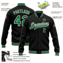 Laden Sie das Bild in den Galerie-Viewer, Uksn Individuelles Bomberjacke in Schwarz-Kelly-Grün-Creme mit Druckknopfleiste und Varsity-Letterman-Stil
