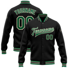 Laden Sie das Bild in den Galerie-Viewer, Uksn Individuelles Bomberjacke in Schwarz-Kelly-Grün-Creme mit Druckknopfleiste und Varsity-Letterman-Stil

