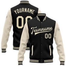 Laden Sie das Bild in den Galerie-Viewer, Uksn Individuelles Bomberjacke in Schwarz-Creme mit Druckknopfleiste, Zweifarben-Design und Varsity-Letterman-Stil
