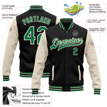Laden Sie das Bild in den Galerie-Viewer, Uksn Individuelles Bomberjacke in Schwarz-Kelly-Grün-Creme mit Druckknopfleiste, Zweifarben-Design und Varsity-Letterman-Stil
