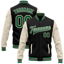 Laden Sie das Bild in den Galerie-Viewer, Uksn Individuelles Bomberjacke in Schwarz-Kelly-Grün-Creme mit Druckknopfleiste, Zweifarben-Design und Varsity-Letterman-Stil
