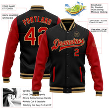Laden Sie das Bild in den Galerie-Viewer, Uksn Individuelles Bomberjacke in Schwarz-Rot-Altgold mit Druckknopfleiste, Zweifarben-Design und Varsity-Letterman-Stil
