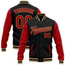 Laden Sie das Bild in den Galerie-Viewer, Uksn Individuelles Bomberjacke in Schwarz-Rot-Altgold mit Druckknopfleiste, Zweifarben-Design und Varsity-Letterman-Stil
