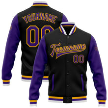 Laden Sie das Bild in den Galerie-Viewer, Uksn Individuelles Bomberjacke in Schwarz-Violett-Gold mit Druckknopfleiste, Zweifarben-Design und Varsity-Letterman-Stil
