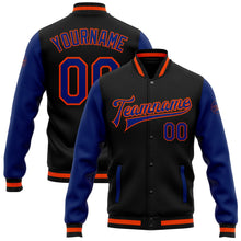 Laden Sie das Bild in den Galerie-Viewer, Uksn Individuelles Bomberjacke in Schwarz-Royalblau-Orange mit Druckknopfleiste, Zweifarben-Design und Varsity-Letterman-Stil

