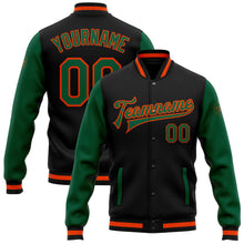 Laden Sie das Bild in den Galerie-Viewer, Uksn Individuelles Bomberjacke in Schwarz-Kelly-Grün-Orange mit Druckknopfleiste, Zweifarben-Design und Varsity-Letterman-Stil
