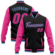 Laden Sie das Bild in den Galerie-Viewer, Uksn Individuelles Bomberjacke in Schwarz-Pink-Hellblau mit Druckknopfleiste, Zweifarben-Design und Varsity-Letterman-Stil
