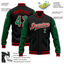 Laden Sie das Bild in den Galerie-Viewer, Uksn Individuelles Bomberjacke in Schwarz-Kelly-Grün-Rot mit Druckknopfleiste, Zweifarben-Design und Varsity-Letterman-Stil
