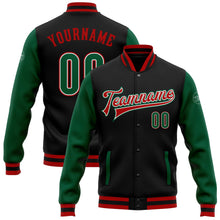 Laden Sie das Bild in den Galerie-Viewer, Uksn Individuelles Bomberjacke in Schwarz-Kelly-Grün-Rot mit Druckknopfleiste, Zweifarben-Design und Varsity-Letterman-Stil
