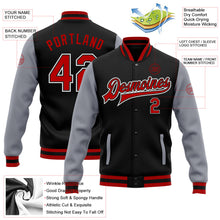 Laden Sie das Bild in den Galerie-Viewer, Uksn Individuelles Bomberjacke in Schwarz-Rot-Grau mit Druckknopfleiste, Zweifarben-Design und Varsity-Letterman-Stil
