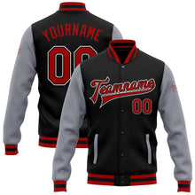 Laden Sie das Bild in den Galerie-Viewer, Uksn Individuelles Bomberjacke in Schwarz-Rot-Grau mit Druckknopfleiste, Zweifarben-Design und Varsity-Letterman-Stil
