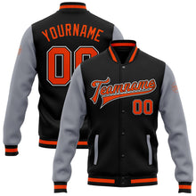 Laden Sie das Bild in den Galerie-Viewer, Uksn Individuelles Bomberjacke in Schwarz-Orange-Grau mit Druckknopfleiste, Zweifarben-Design und Varsity-Letterman-Stil
