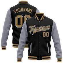 Laden Sie das Bild in den Galerie-Viewer, Uksn Individuelles Bomberjacke in Schwarz-Altgold-Grau mit Druckknopfleiste, Zweifarben-Design und Varsity-Letterman-Stil
