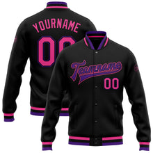 Laden Sie das Bild in den Galerie-Viewer, Uksn Individuelles Bomberjacke in Schwarz-Pink-Violett mit Druckknopfleiste und Varsity-Letterman-Stil

