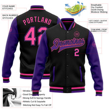 Laden Sie das Bild in den Galerie-Viewer, Uksn Individuelles Bomberjacke in Schwarz-Pink-Violett mit Druckknopfleiste, Zweifarben-Design und Varsity-Letterman-Stil
