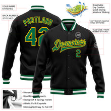 Laden Sie das Bild in den Galerie-Viewer, Uksn Individuelles Bomberjacke in Schwarz-Kelly-Grün-Gelb mit Druckknopfleiste und Varsity-Letterman-Stil
