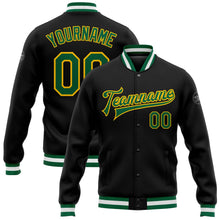 Laden Sie das Bild in den Galerie-Viewer, Uksn Individuelles Bomberjacke in Schwarz-Kelly-Grün-Gelb mit Druckknopfleiste und Varsity-Letterman-Stil
