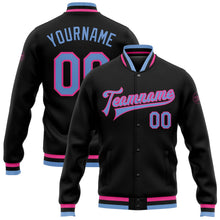 Laden Sie das Bild in den Galerie-Viewer, Uksn Individuelles Bomberjacke in Schwarz-Hellblau-Pink mit Druckknopfleiste und Varsity-Letterman-Stil

