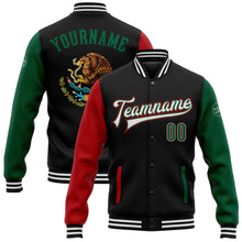 Laden Sie das Bild in den Galerie-Viewer, Uksn Individuelles Bomberjacke in Schwarz-Kelly-Grün-Rot mit 3D-Mexiko-Design, Druckknopfleiste, Zweifarben-Design und Varsity-Letterman-Stil
