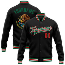 Laden Sie das Bild in den Galerie-Viewer, Uksn Individuelles Bomberjacke in Schwarz-Rot-Kelly-Grün mit 3D-Mexiko-Design, Druckknopfleiste und Varsity-Letterman-Stil
