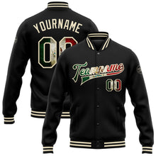 Laden Sie das Bild in den Galerie-Viewer, Uksn Individuelles Bomberjacke in Schwarz-Creme mit Vintage-Mexiko-Flagge, Druckknopfleiste und Varsity-Letterman-Stil
