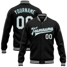 Laden Sie das Bild in den Galerie-Viewer, Uksn Individuelles Bomberjacke in Schwarz-Weiß-Grau-Mitternachtsgrün mit Druckknopfleiste und Varsity-Letterman-Stil
