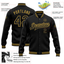 Laden Sie das Bild in den Galerie-Viewer, Uksn Individuelles Bomberjacke in Schwarz-Altgold mit Druckknopfleiste und Varsity-Letterman-Stil
