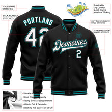 Laden Sie das Bild in den Galerie-Viewer, Uksn Individuelles Bomberjacke in Schwarz-Weiß-Petrol mit Druckknopfleiste und Varsity-Letterman-Stil
