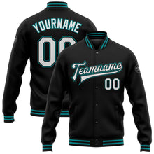Laden Sie das Bild in den Galerie-Viewer, Uksn Individuelles Bomberjacke in Schwarz-Weiß-Petrol mit Druckknopfleiste und Varsity-Letterman-Stil

