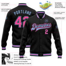 Laden Sie das Bild in den Galerie-Viewer, Uksn Individuelles Bomberjacke in Schwarz-Pink-Hellblau mit Druckknopfleiste und Varsity-Letterman-Stil
