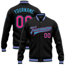 Laden Sie das Bild in den Galerie-Viewer, Uksn Individuelles Bomberjacke in Schwarz-Pink-Himmelblau mit Druckknopfleiste und Varsity-Letterman-Stil
