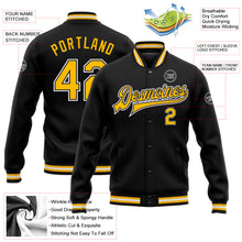Laden Sie das Bild in den Galerie-Viewer, Uksn Individuelles Bomberjacke in Schwarz-Gold-Weiß mit Druckknopfleiste und Varsity-Letterman-Stil
