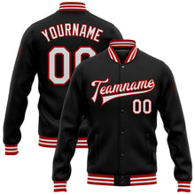Laden Sie das Bild in den Galerie-Viewer, Uksn Individuelles Bomberjacke in Schwarz-Weiß-Rot mit Druckknopfleiste und Varsity-Letterman-Stil
