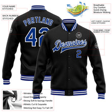 Laden Sie das Bild in den Galerie-Viewer, Uksn Individuelles Bomberjacke in Schwarz-Royalblau-Weiß mit Druckknopfleiste und Varsity-Letterman-Stil

