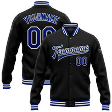 Laden Sie das Bild in den Galerie-Viewer, Uksn Individuelles Bomberjacke in Schwarz-Royalblau-Weiß mit Druckknopfleiste und Varsity-Letterman-Stil
