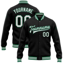 Laden Sie das Bild in den Galerie-Viewer, Uksn Individuelles Bomberjacke in Schwarz-Weiß-Kelly-Grün mit Druckknopfleiste und Varsity-Letterman-Stil
