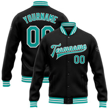 Laden Sie das Bild in den Galerie-Viewer, Uksn Individuelles Bomberjacke in Schwarz-Aqua-Weiß mit Druckknopfleiste und Varsity-Letterman-Stil
