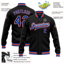 Laden Sie das Bild in den Galerie-Viewer, Uksn Individuelles Bomberjacke in Schwarz-Royalblau-Rot mit Druckknopfleiste und Varsity-Letterman-Stil
