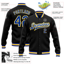 Laden Sie das Bild in den Galerie-Viewer, Uksn Individuelles Bomberjacke in Schwarz-Royalblau-Gelb mit Druckknopfleiste und Varsity-Letterman-Stil

