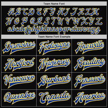 Laden Sie das Bild in den Galerie-Viewer, Uksn Individuelles Bomberjacke in Schwarz-Royalblau-Gelb mit Druckknopfleiste und Varsity-Letterman-Stil
