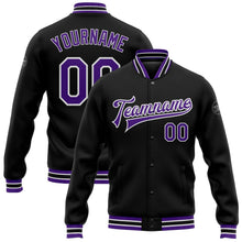 Laden Sie das Bild in den Galerie-Viewer, Uksn Individuelles Bomberjacke in Schwarz-Violett-Weiß mit Druckknopfleiste und Varsity-Letterman-Stil
