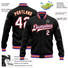 Laden Sie das Bild in den Galerie-Viewer, Uksn Individuelles Bomberjacke in Schwarz-Weiß-Violett-Orange mit Druckknopfleiste und Varsity-Letterman-Stil
