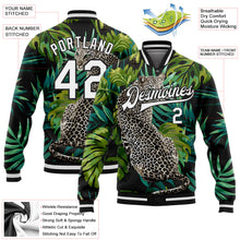 Laden Sie das Bild in den Galerie-Viewer, Uksn Individuelles Bomberjacke in Schwarz-Weiß mit 3D-Design mit Leopard und tropischen Palmen, Druckknopfleiste und Varsity-Letterman-Stil

