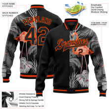 Laden Sie das Bild in den Galerie-Viewer, Uksn Individuelles Bomberjacke in Schwarz-Orange-Grau mit 3D-Design mit Flamingo und tropischen Hawaii-Palmen, Druckknopfleiste und Varsity-Letterman-Stil

