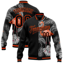 Laden Sie das Bild in den Galerie-Viewer, Uksn Individuelles Bomberjacke in Schwarz-Orange-Grau mit 3D-Design mit Flamingo und tropischen Hawaii-Palmen, Druckknopfleiste und Varsity-Letterman-Stil
